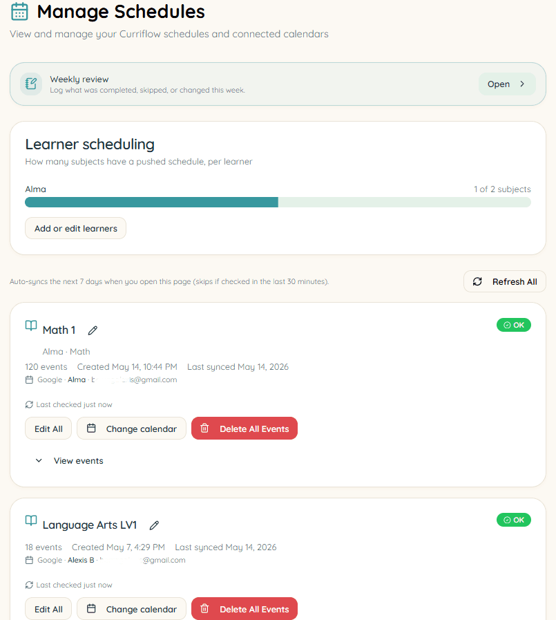 Curriflow manage schedules dashboard with learners and calendar connections