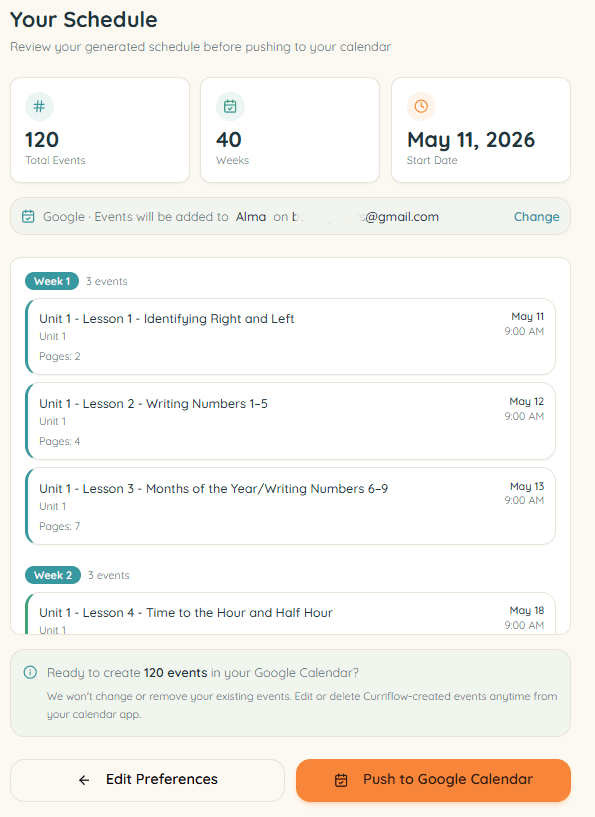 Curriflow schedule preview with option to push lessons to Google Calendar